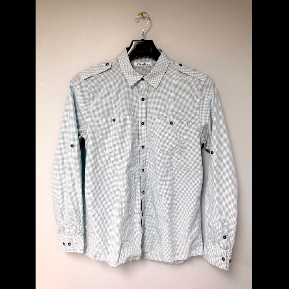 Kenneth Cole New York Checkered Roll Tab Sleeve Utility Shirt Mens Large Blue